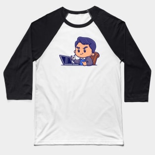 Cute Man Working On Laptop And Drink Coffee Cartoon Baseball T-Shirt